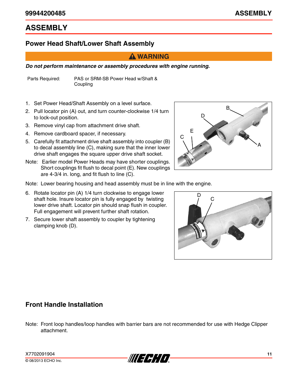 Assembly, Power head shaft/lower shaft assembly, Front handle installation | Echo 99944200485 User Manual | Page 11 / 24