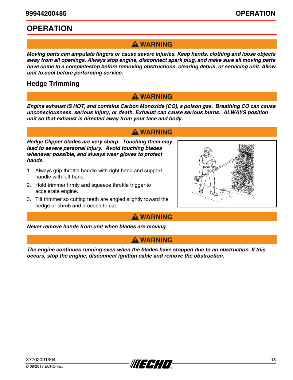 Operation, Hedge trimming | Echo 99944200485 User Manual | Page 13 / 24