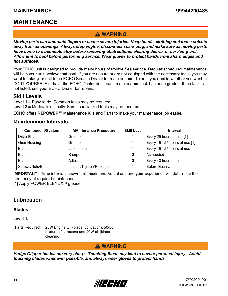 Maintenance, Skill levels, Maintenance intervals | Lubrication, Blades, Level 1, Skill levels maintenance intervals lubrication | Echo 99944200485 User Manual | Page 14 / 24