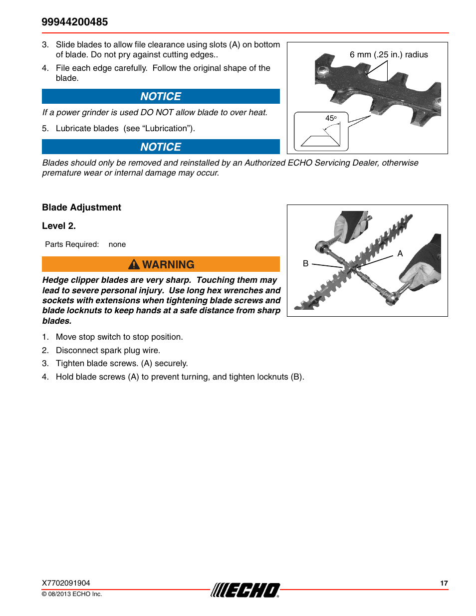 Blade adjustment, Level 2 | Echo 99944200485 User Manual | Page 17 / 24