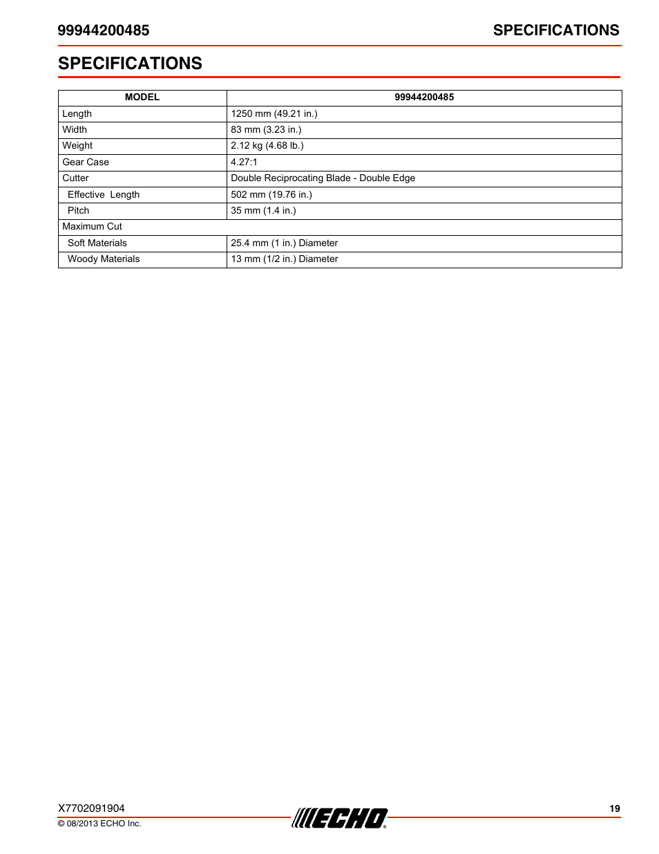 Specifications | Echo 99944200485 User Manual | Page 19 / 24