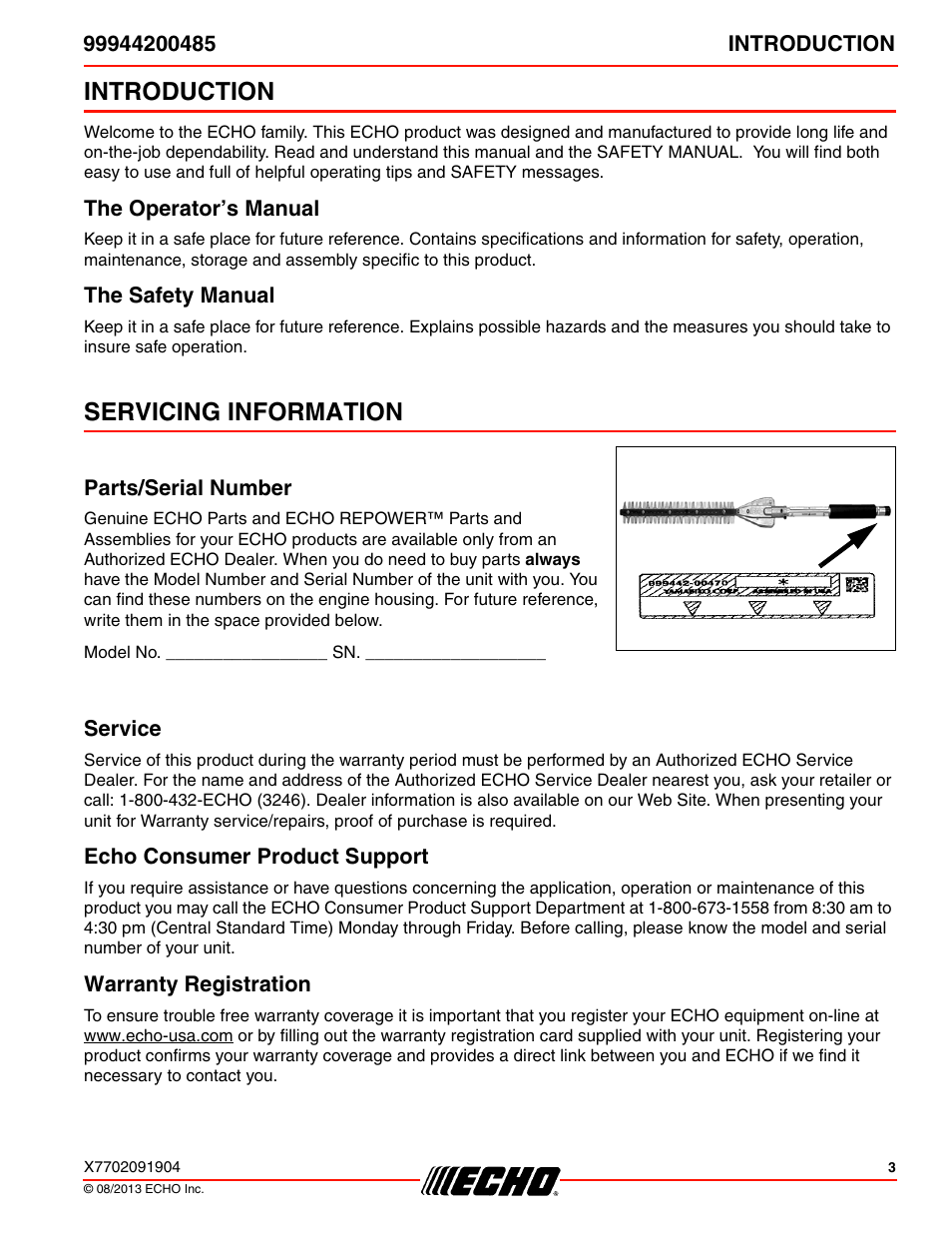 Introduction, The operator’s manual, The safety manual | Servicing information, Parts/serial number, Service, Echo consumer product support, Warranty registration, The operator’s manual the safety manual | Echo 99944200485 User Manual | Page 3 / 24