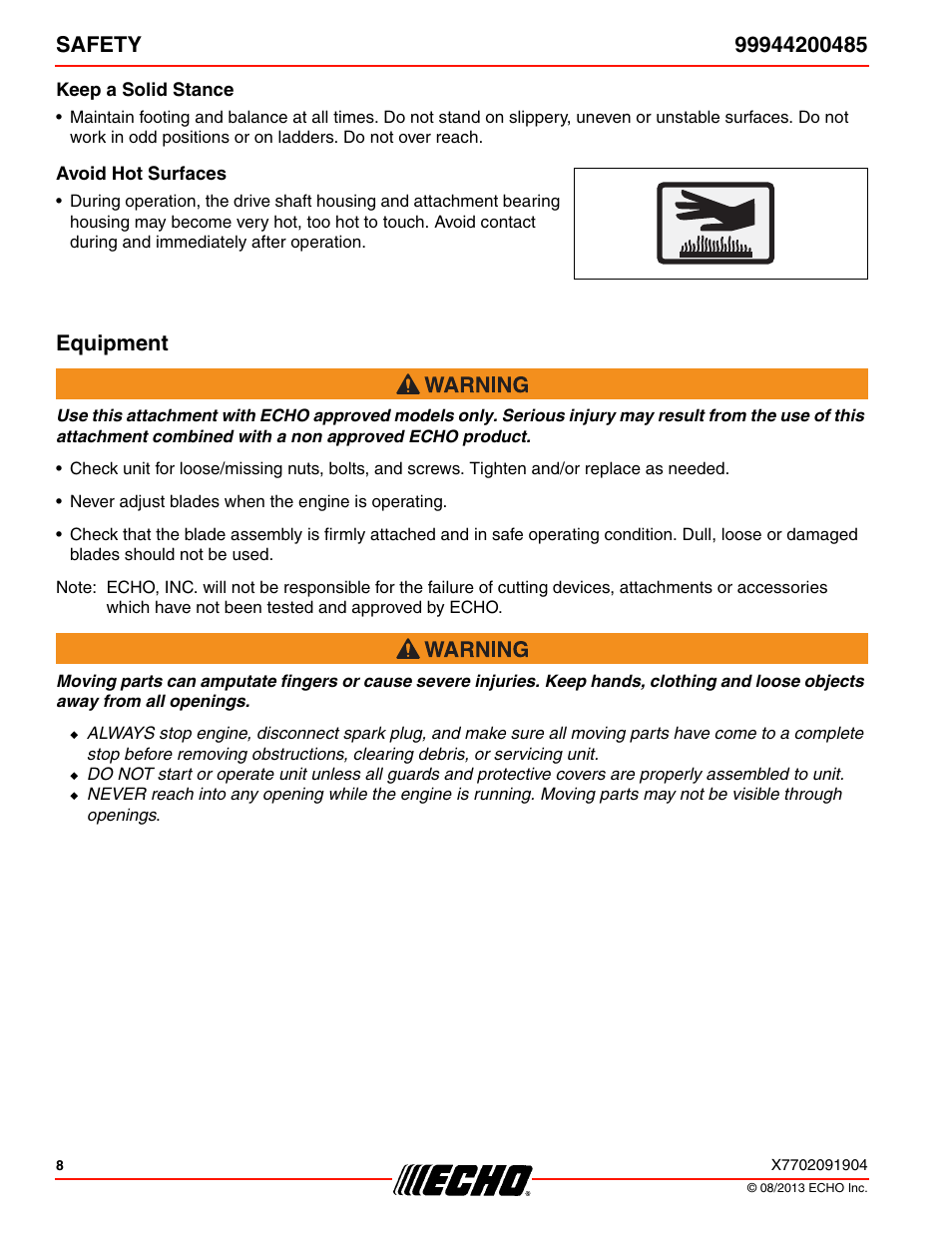 Keep a solid stance, Avoid hot surfaces, Equipment | Echo 99944200485 User Manual | Page 8 / 24