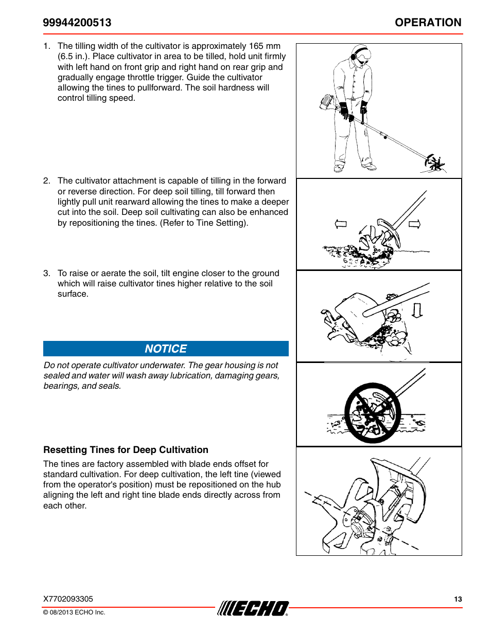 Resetting tines for deep cultivation | Echo 99944200513 User Manual | Page 13 / 24