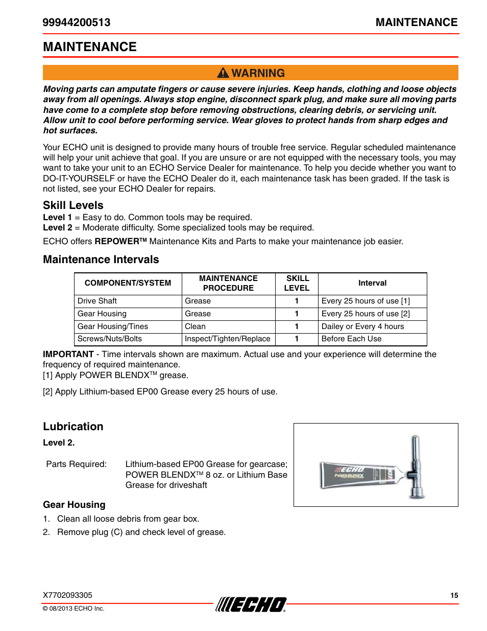 Maintenance, Skill levels, Maintenance intervals | Lubrication, Gear housing, Skill levels maintenance intervals lubrication | Echo 99944200513 User Manual | Page 15 / 24