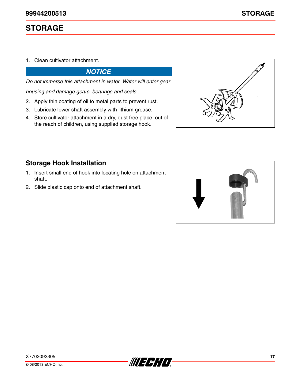 Storage, Storage hook installation | Echo 99944200513 User Manual | Page 17 / 24