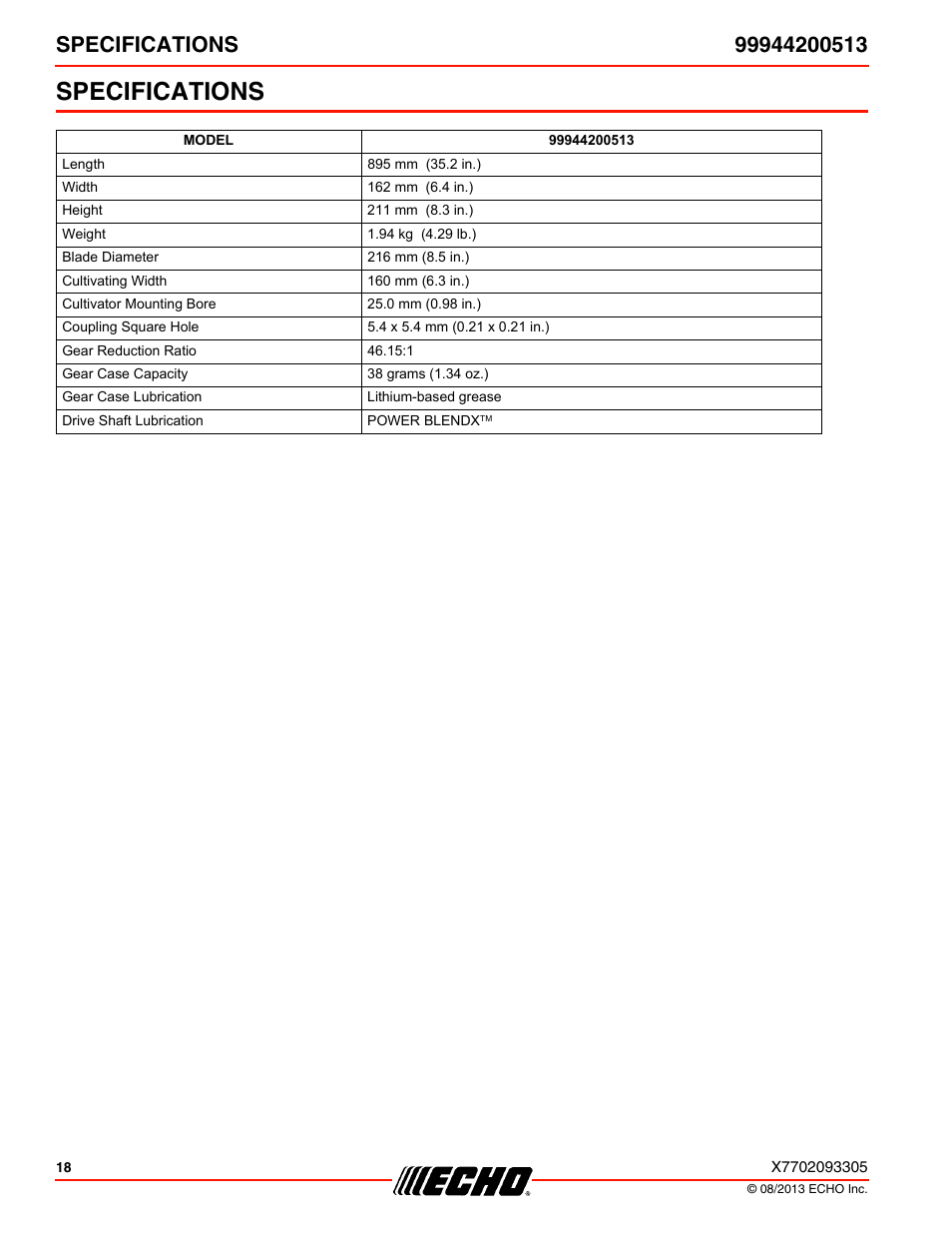 Specifications | Echo 99944200513 User Manual | Page 18 / 24