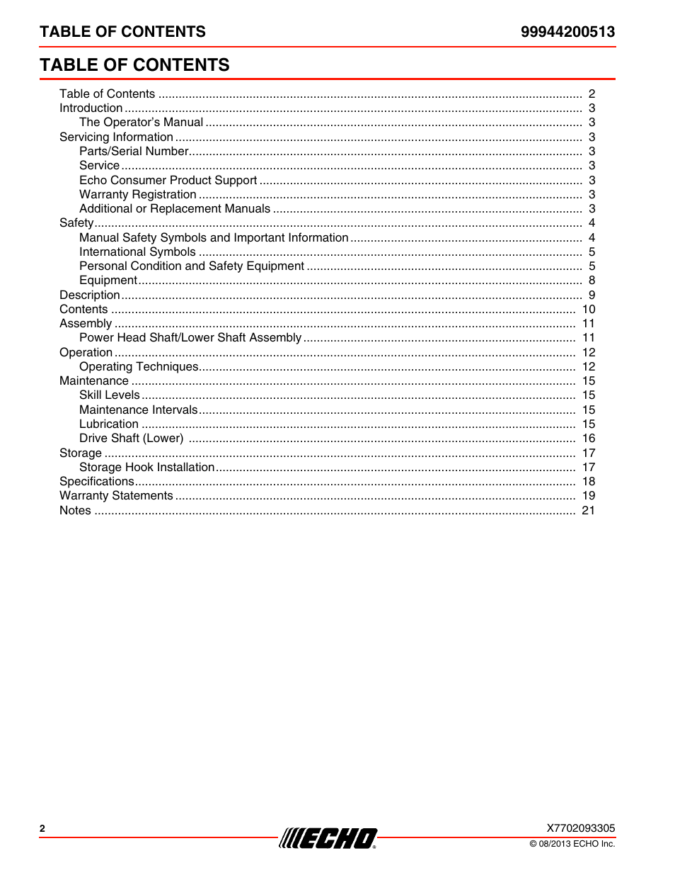 Echo 99944200513 User Manual | Page 2 / 24