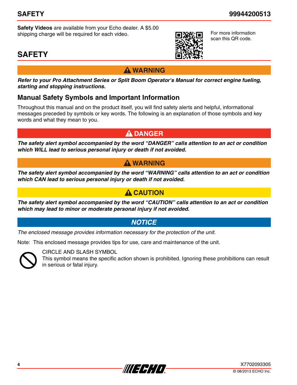 Safety, Manual safety symbols and important information | Echo 99944200513 User Manual | Page 4 / 24
