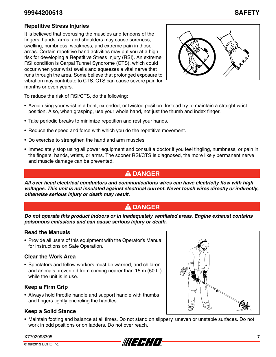 Repetitive stress injuries, Read the manuals, Clear the work area | Keep a firm grip, Keep a solid stance | Echo 99944200513 User Manual | Page 7 / 24