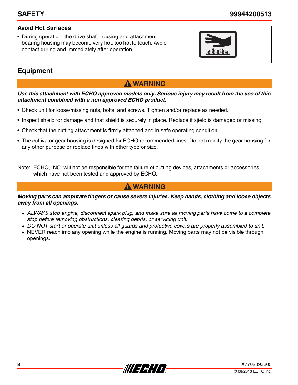 Avoid hot surfaces, Equipment | Echo 99944200513 User Manual | Page 8 / 24