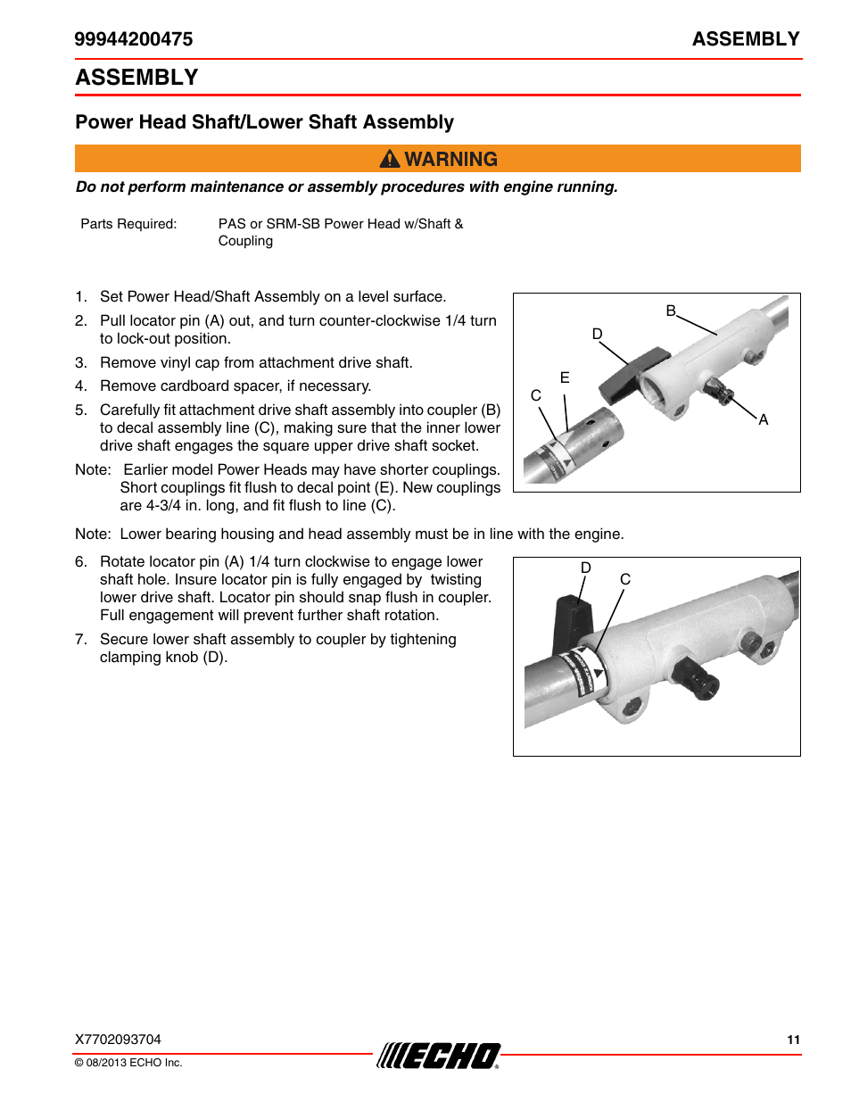 Assembly, Power head shaft/lower shaft assembly | Echo 99944200475 User Manual | Page 11 / 24