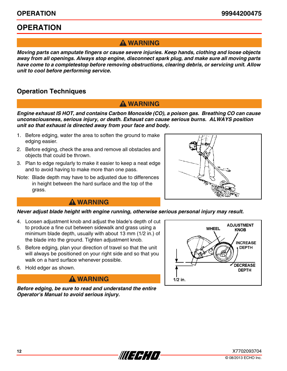 Operation, Operation techniques | Echo 99944200475 User Manual | Page 12 / 24