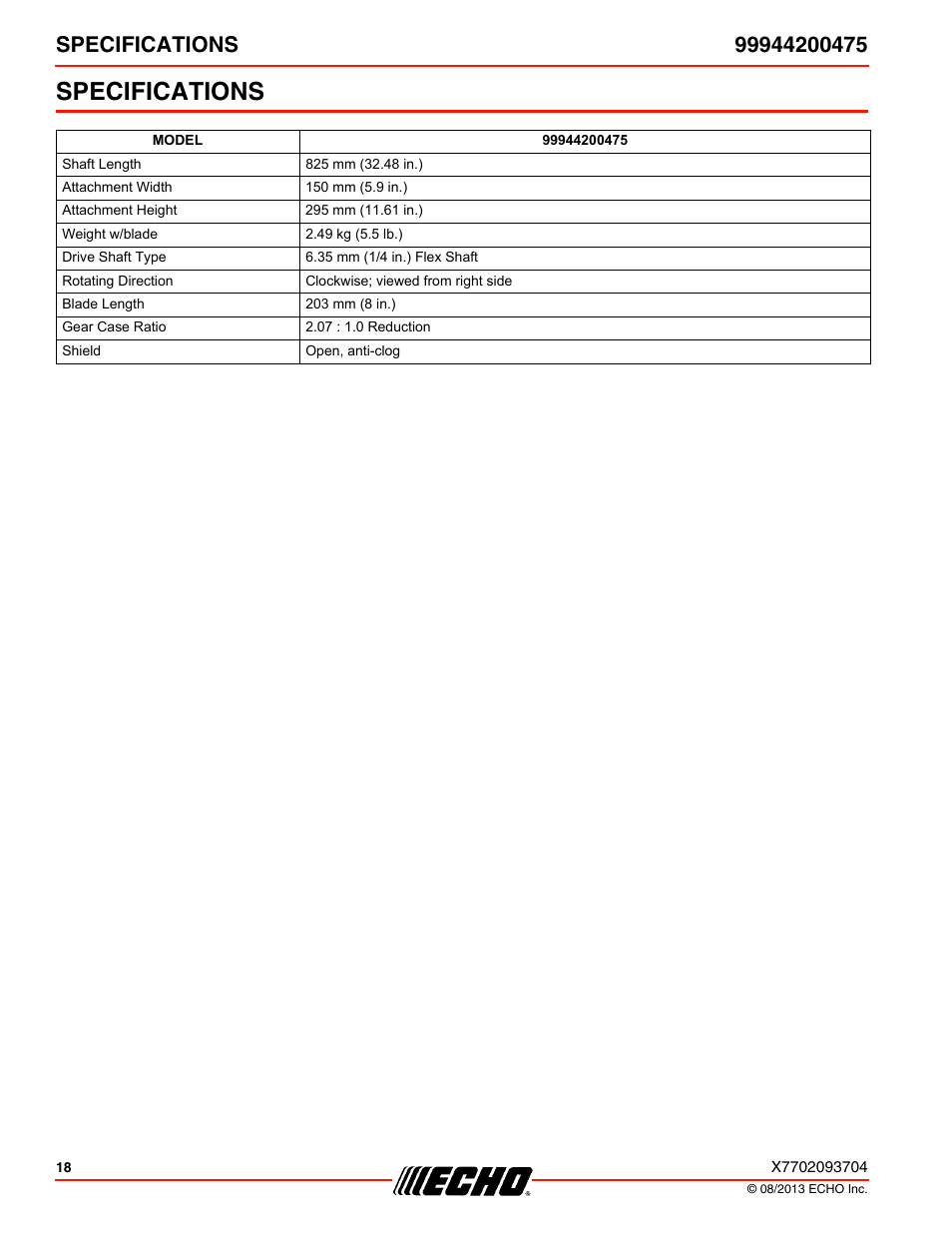 Specifications | Echo 99944200475 User Manual | Page 18 / 24