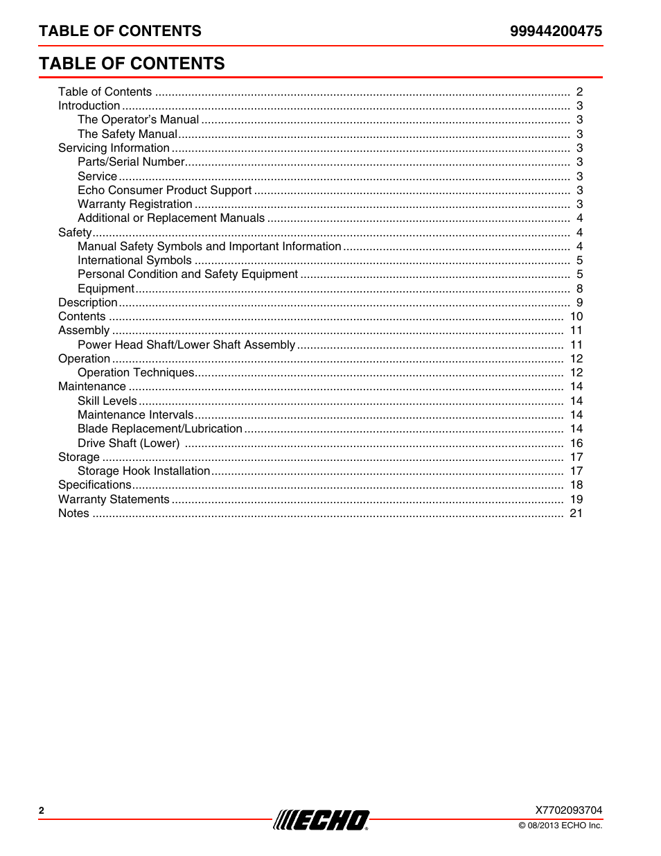 Echo 99944200475 User Manual | Page 2 / 24