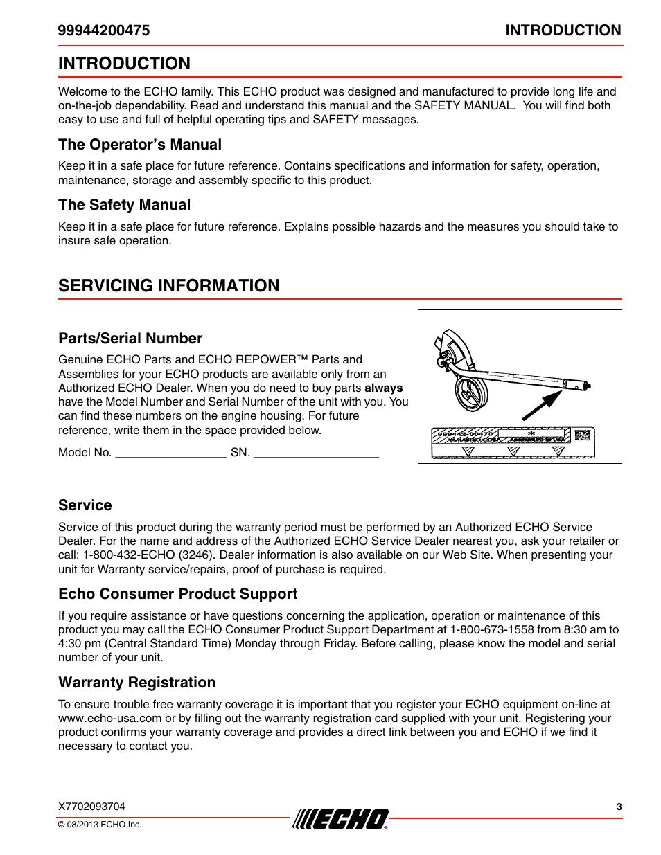 Introduction, The operator’s manual, The safety manual | Servicing information, Parts/serial number, Service, Echo consumer product support, Warranty registration, The operator’s manual the safety manual | Echo 99944200475 User Manual | Page 3 / 24