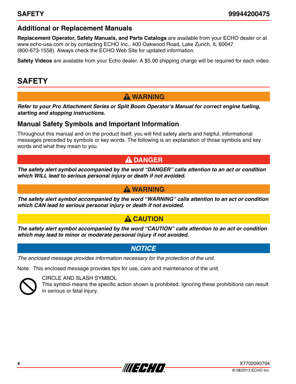Additional or replacement manuals, Safety, Manual safety symbols and important information | Echo 99944200475 User Manual | Page 4 / 24
