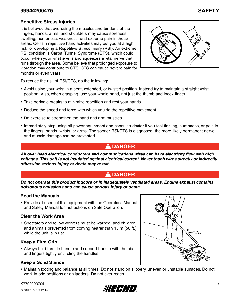 Repetitive stress injuries, Read the manuals, Clear the work area | Keep a firm grip, Keep a solid stance | Echo 99944200475 User Manual | Page 7 / 24