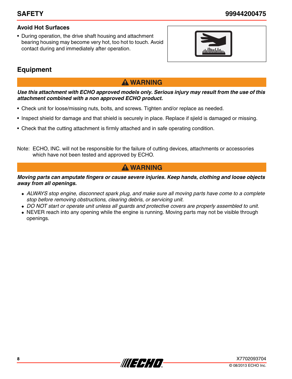 Avoid hot surfaces, Equipment | Echo 99944200475 User Manual | Page 8 / 24