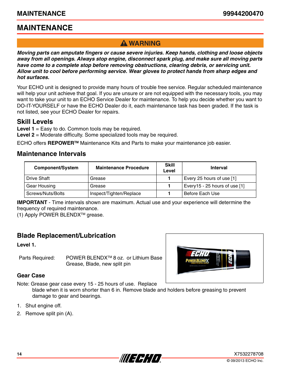 Maintenance, Skill levels, Maintenance intervals | Blade replacement/lubrication, Gear case | Echo 99944200470 User Manual | Page 14 / 24