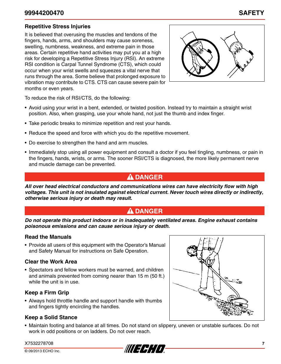 Repetitive stress injuries, Read the manuals, Clear the work area | Keep a firm grip, Keep a solid stance | Echo 99944200470 User Manual | Page 7 / 24