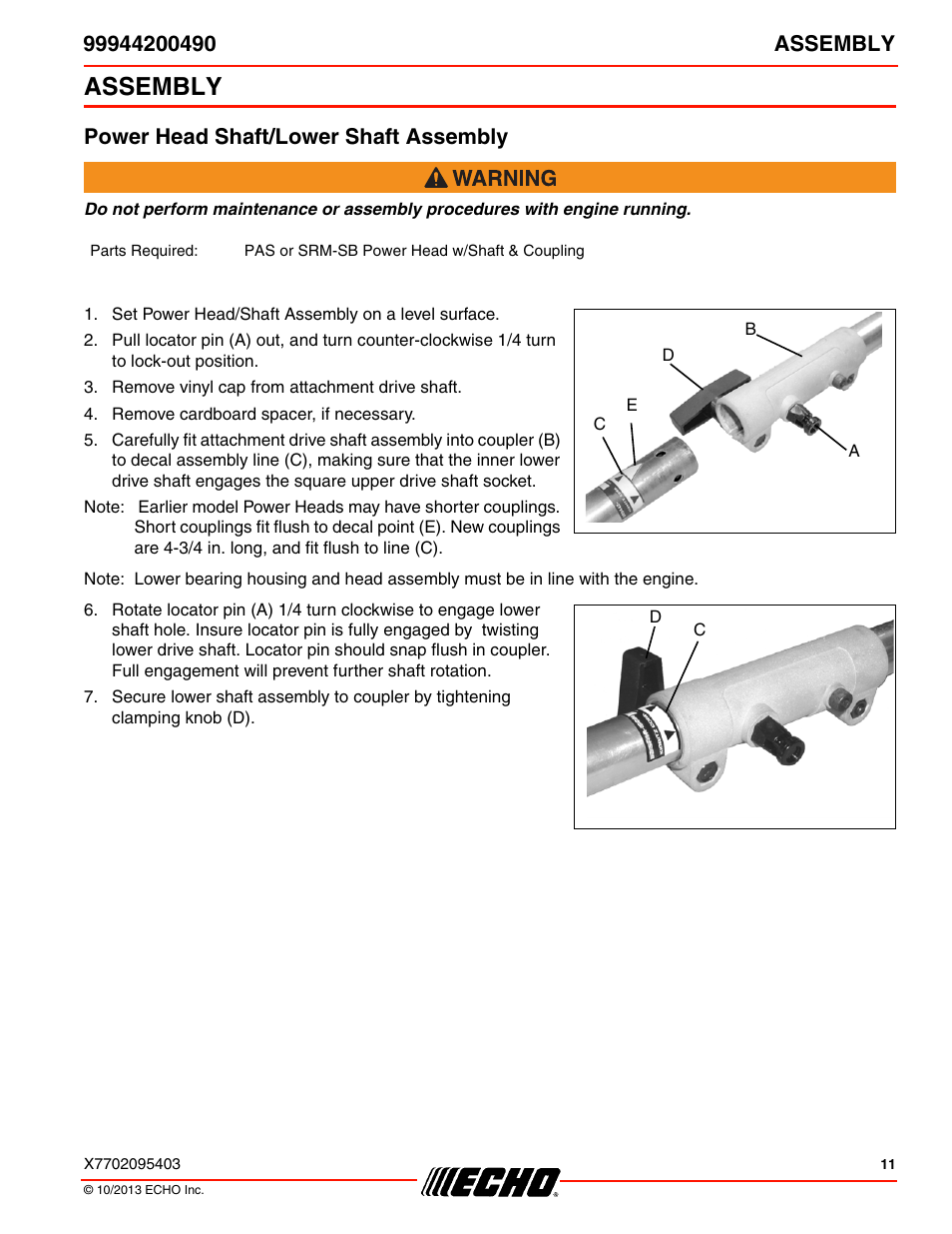Assembly, Power head shaft/lower shaft assembly | Echo 99944200490 User Manual | Page 11 / 20