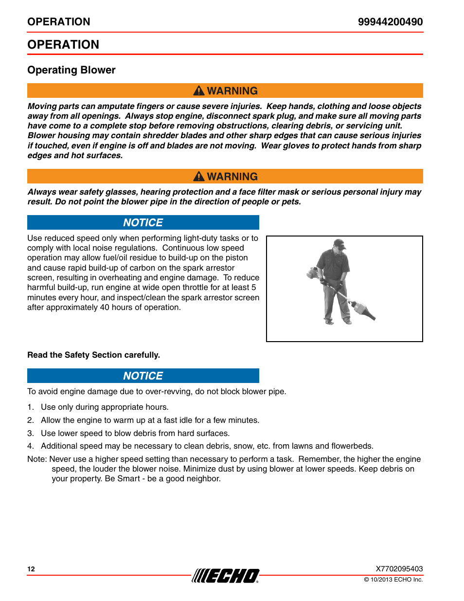 Operation, Operating blower | Echo 99944200490 User Manual | Page 12 / 20
