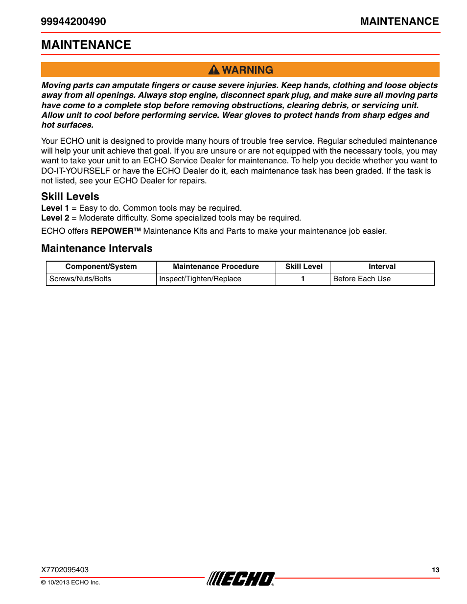 Maintenance, Skill levels, Maintenance intervals | Skill levels maintenance intervals | Echo 99944200490 User Manual | Page 13 / 20