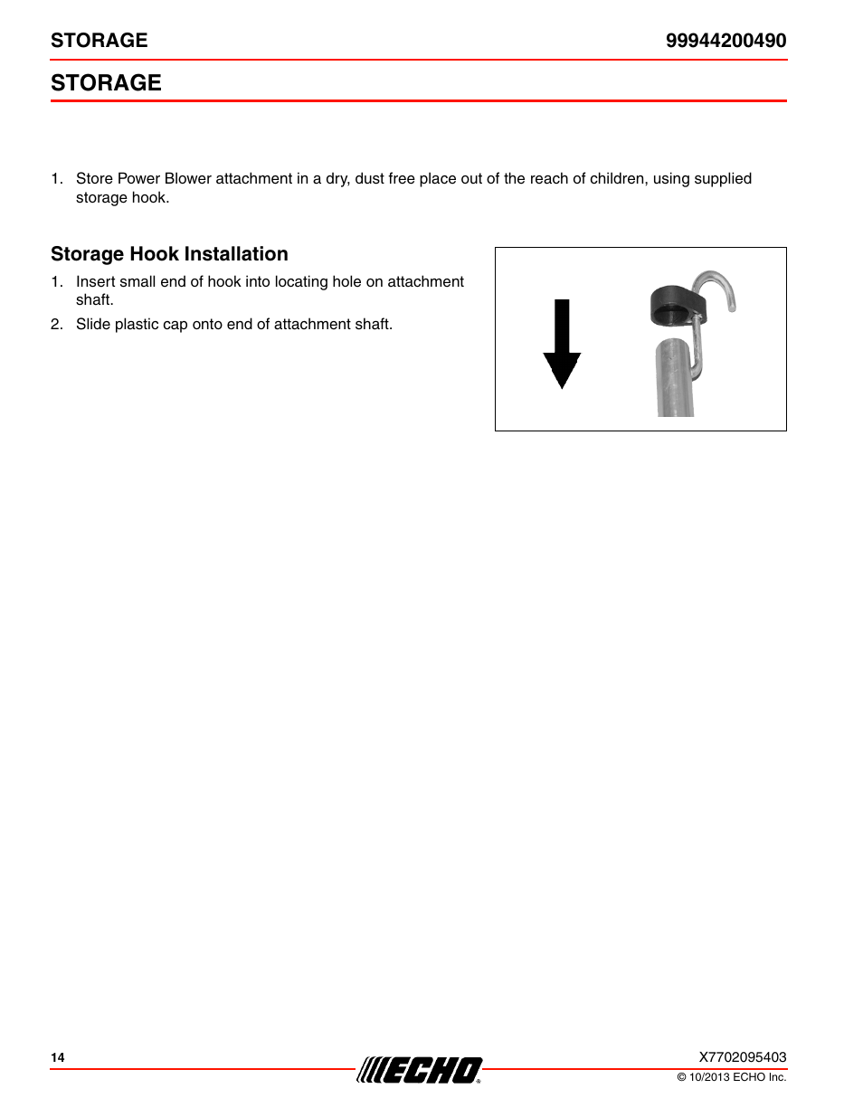 Storage, Storage hook installation | Echo 99944200490 User Manual | Page 14 / 20