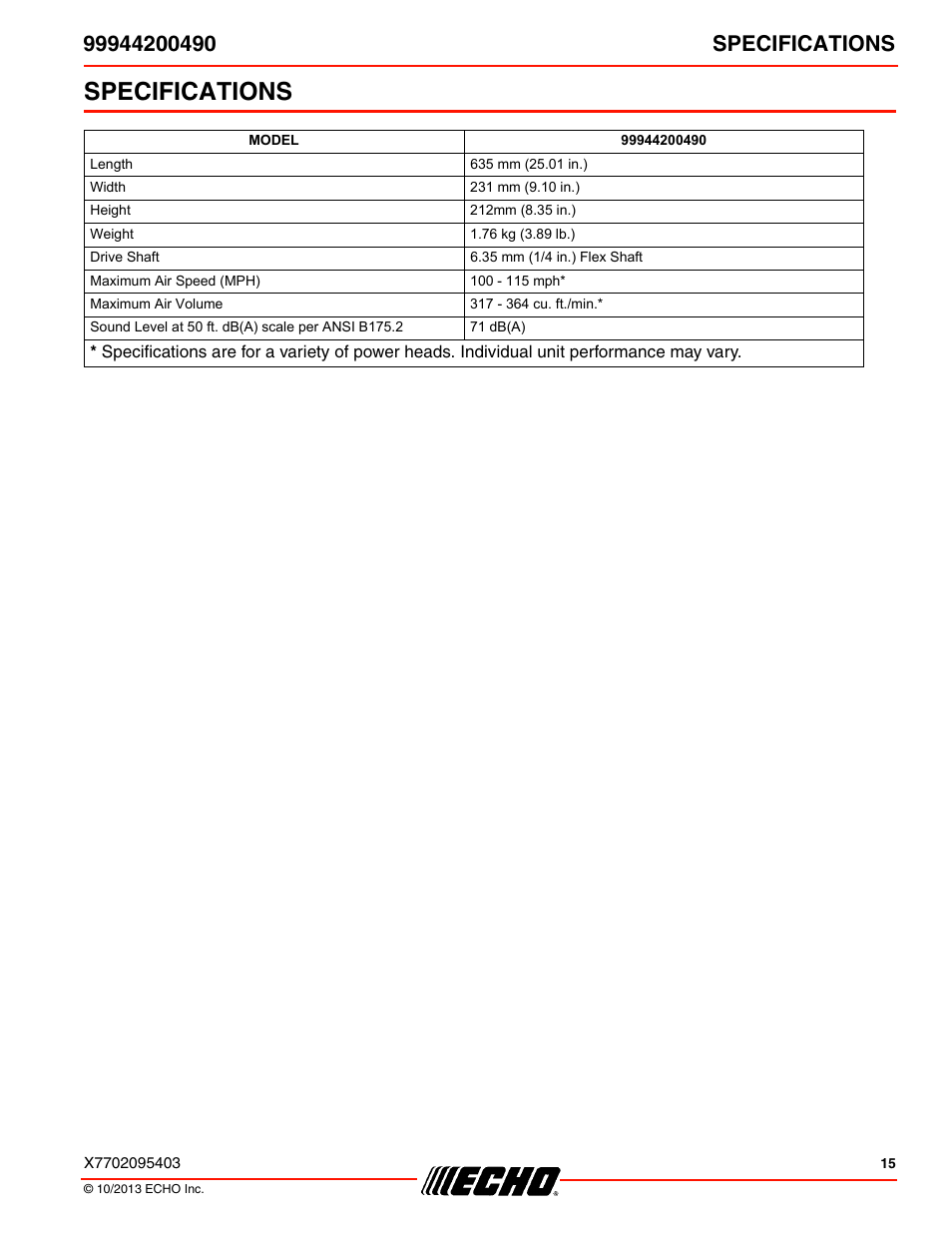 Specifications | Echo 99944200490 User Manual | Page 15 / 20
