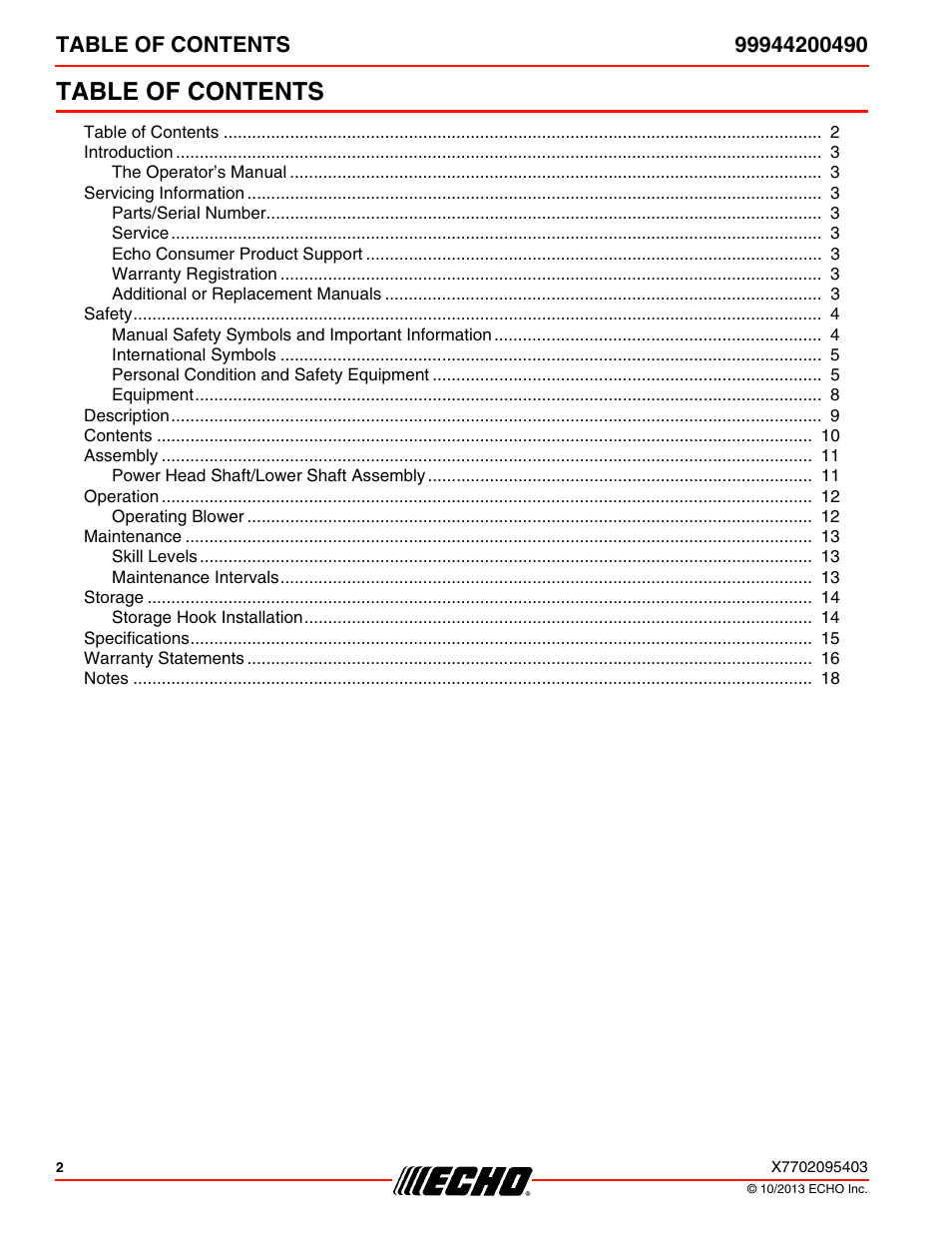 Echo 99944200490 User Manual | Page 2 / 20