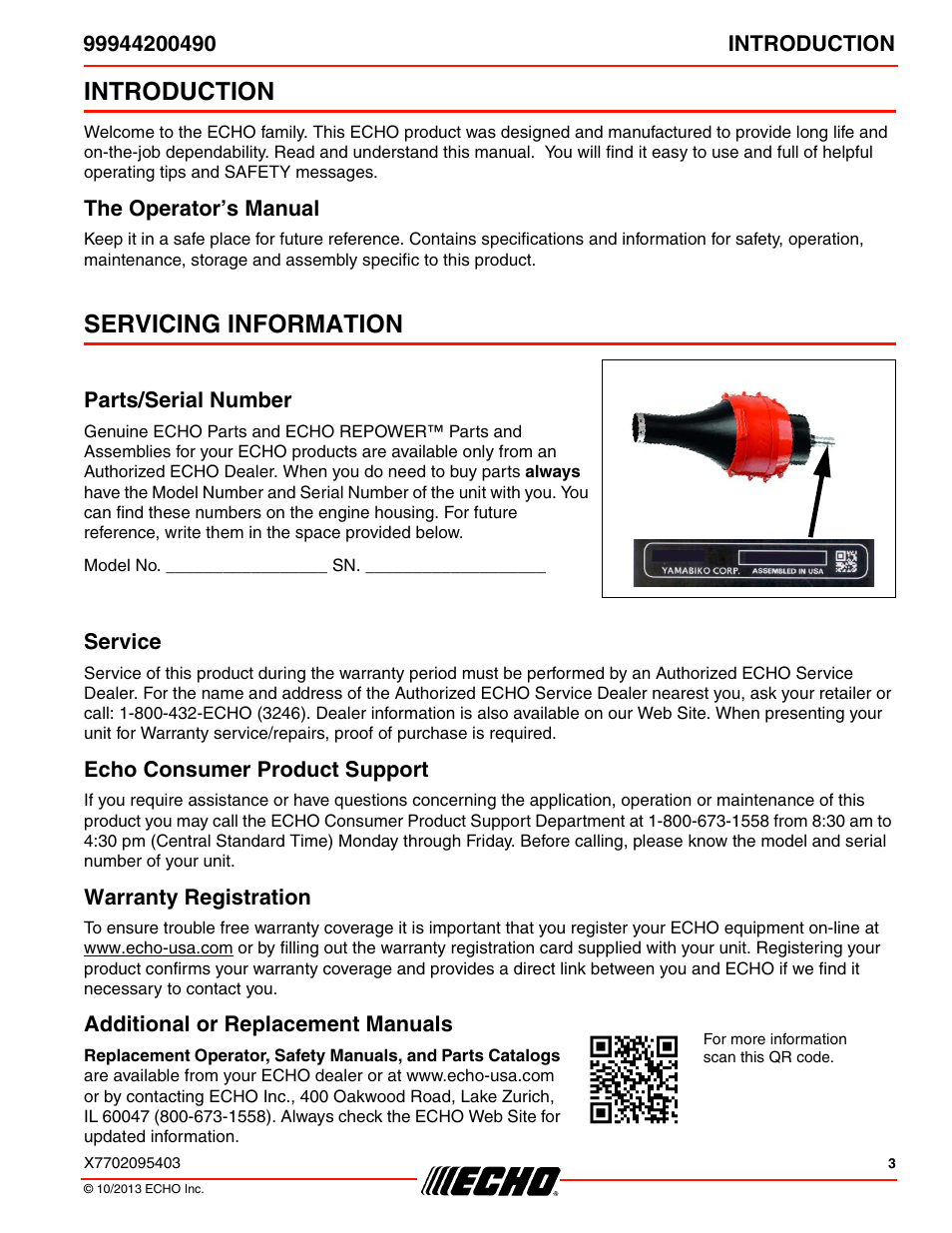 Introduction, The operator’s manual, Servicing information | Parts/serial number, Service, Echo consumer product support, Warranty registration, Additional or replacement manuals | Echo 99944200490 User Manual | Page 3 / 20
