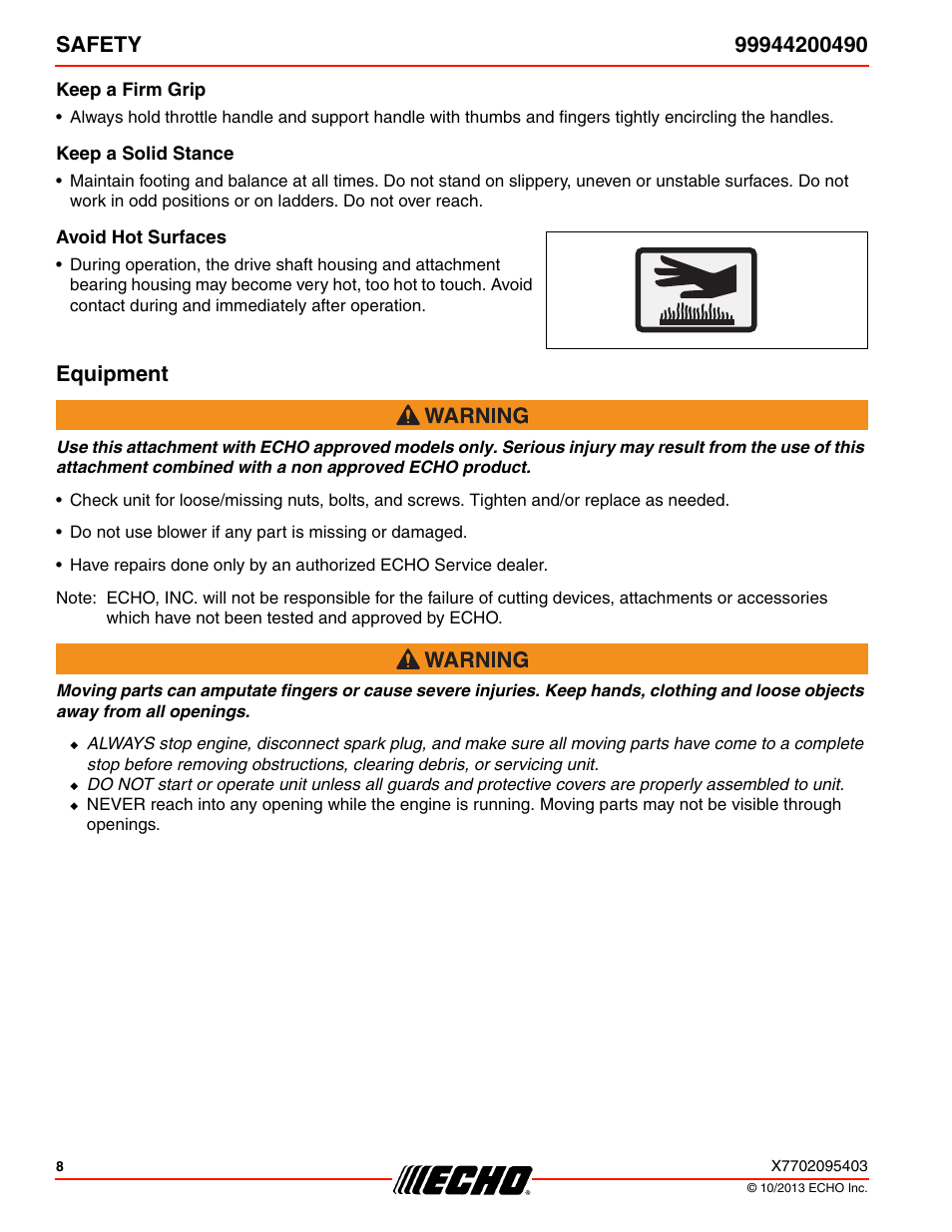 Keep a firm grip, Keep a solid stance, Avoid hot surfaces | Equipment | Echo 99944200490 User Manual | Page 8 / 20