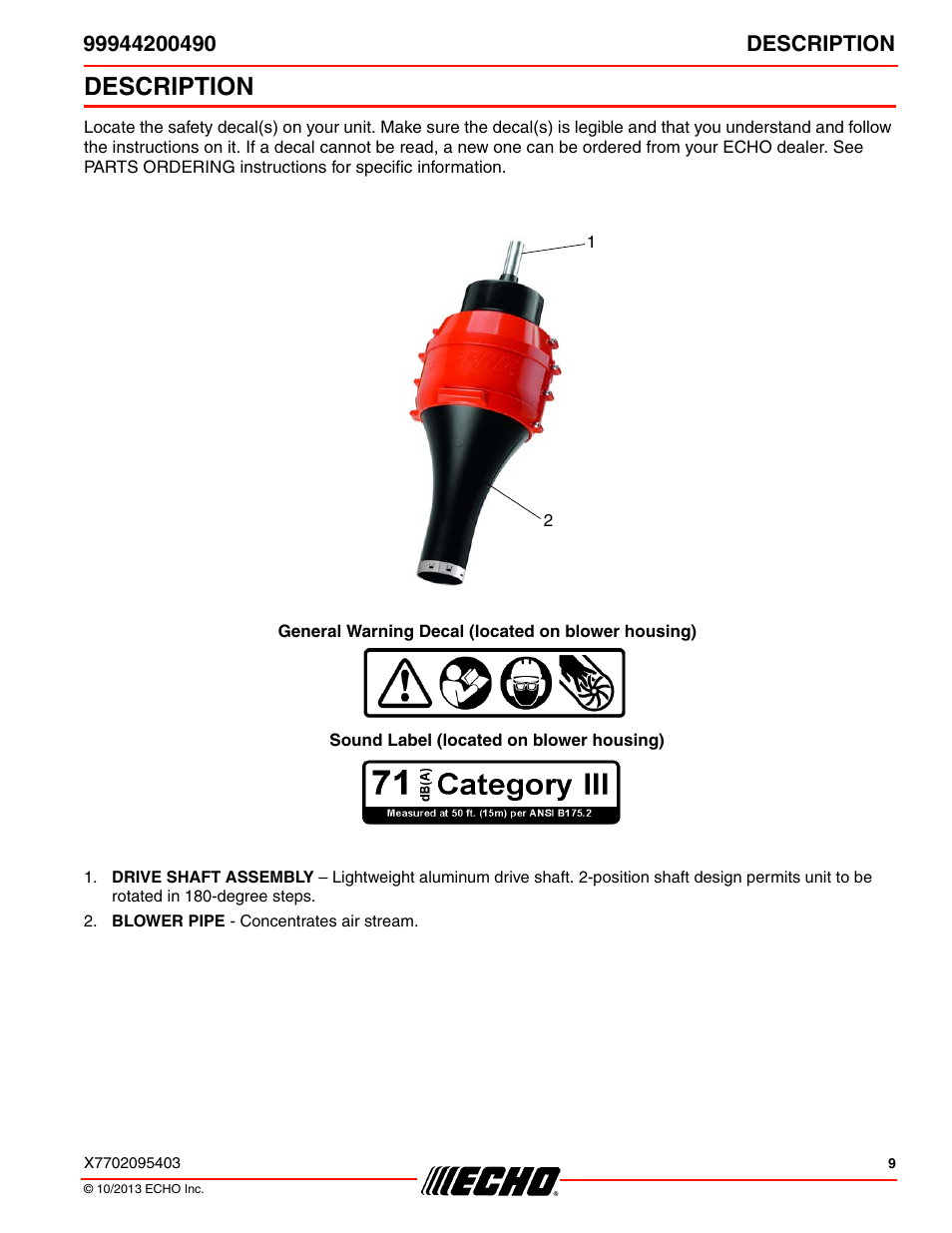 Description | Echo 99944200490 User Manual | Page 9 / 20