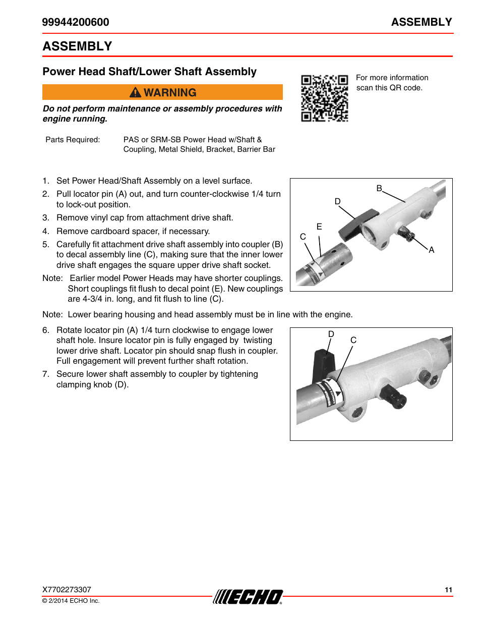 Assembly, Power head shaft/lower shaft assembly | Echo 99944200600 User Manual | Page 11 / 24