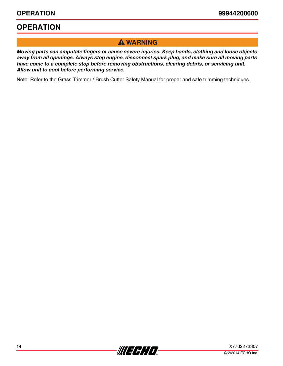 Operation | Echo 99944200600 User Manual | Page 14 / 24