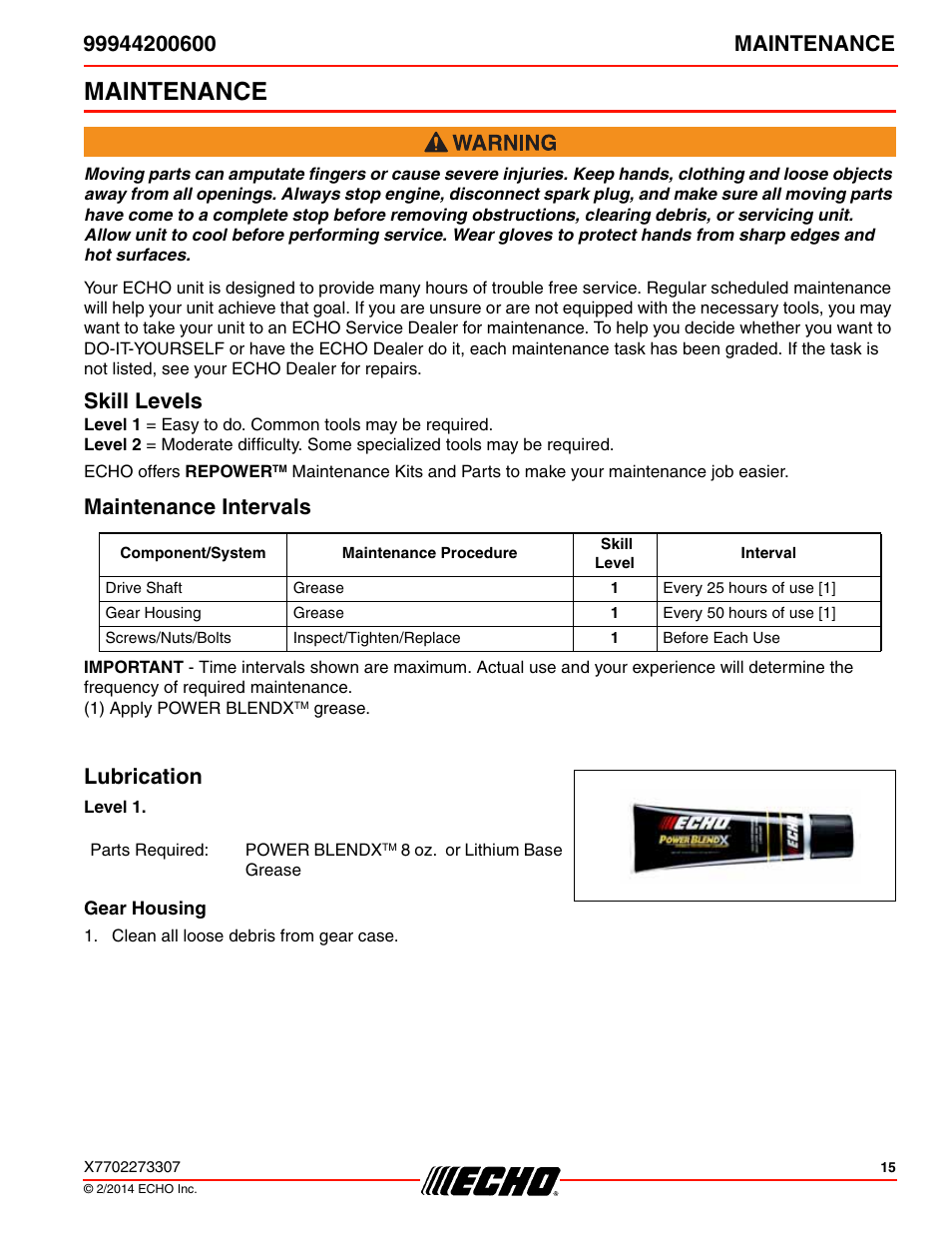 Maintenance, Skill levels, Maintenance intervals | Lubrication, Gear housing | Echo 99944200600 User Manual | Page 15 / 24