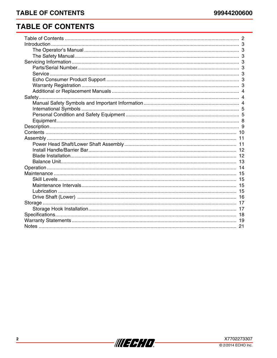 Echo 99944200600 User Manual | Page 2 / 24