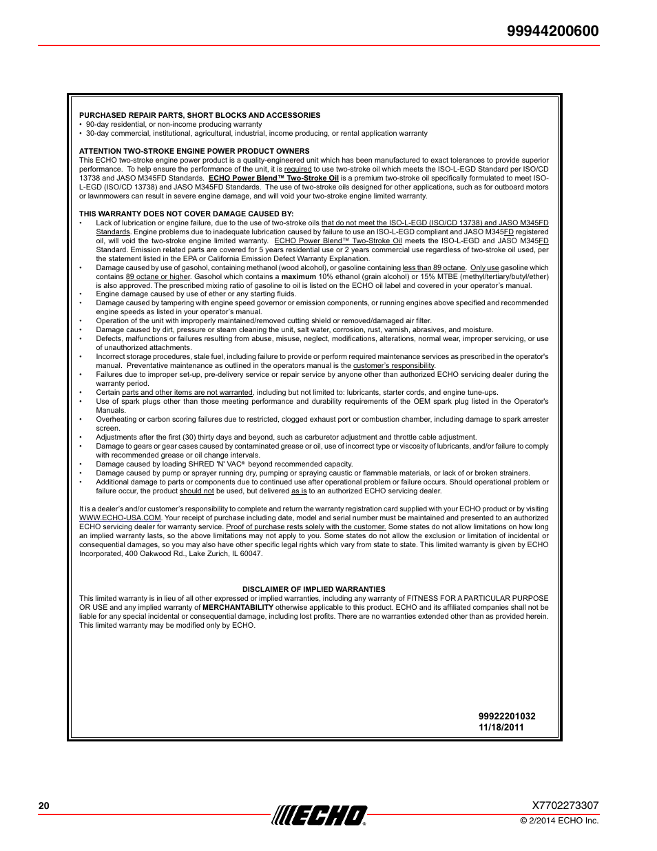 Echo 99944200600 User Manual | Page 20 / 24