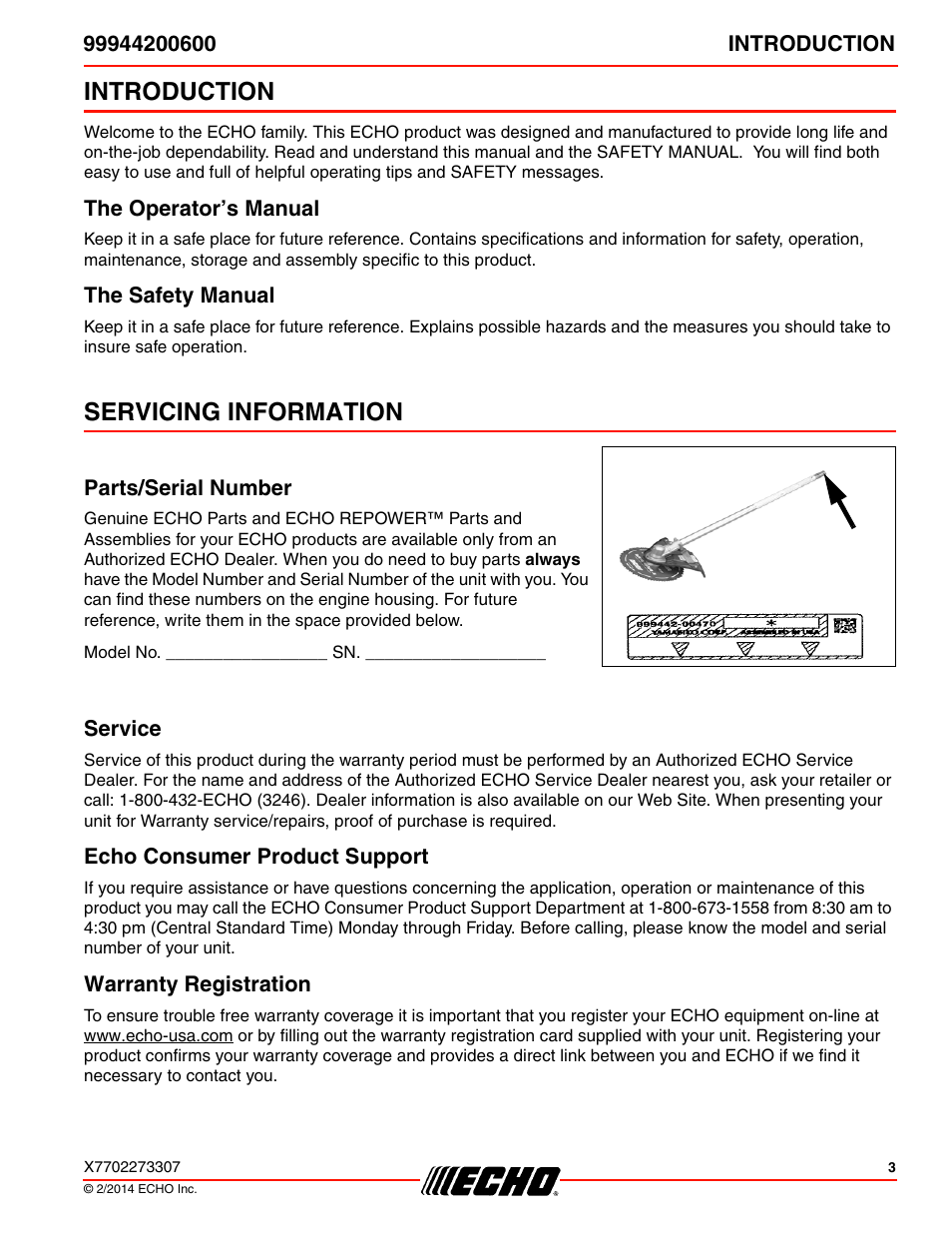 Introduction, The operator’s manual, The safety manual | Servicing information, Parts/serial number, Service, Echo consumer product support, Warranty registration | Echo 99944200600 User Manual | Page 3 / 24