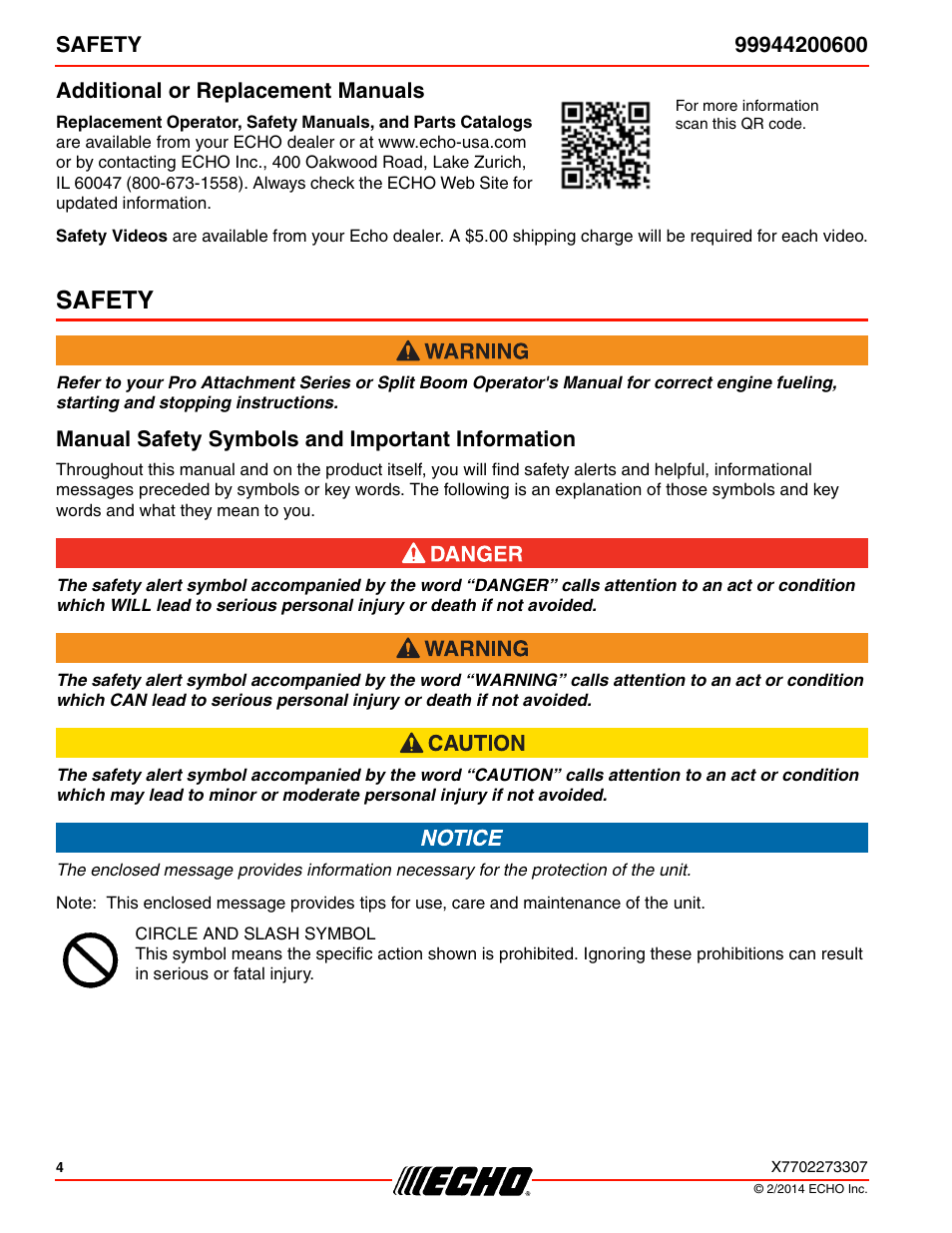 Additional or replacement manuals, Safety, Manual safety symbols and important information | Echo 99944200600 User Manual | Page 4 / 24