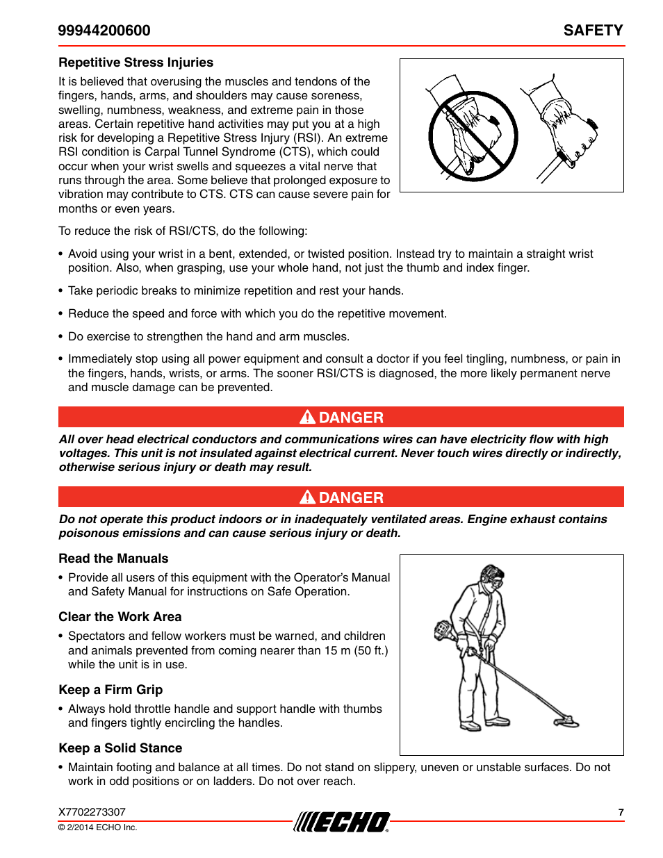 Repetitive stress injuries, Read the manuals, Clear the work area | Keep a firm grip, Keep a solid stance | Echo 99944200600 User Manual | Page 7 / 24