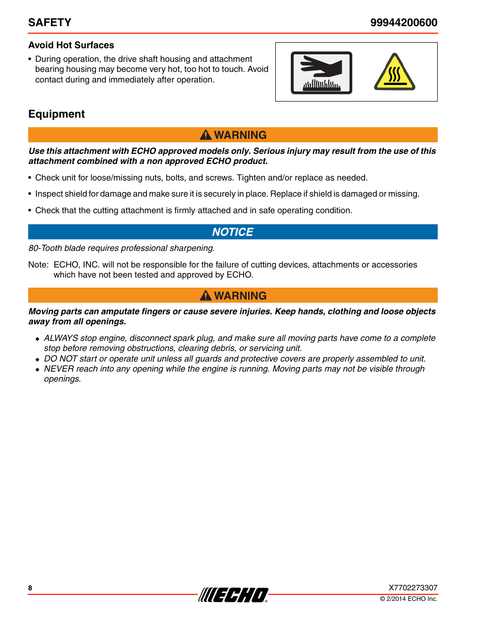 Avoid hot surfaces, Equipment | Echo 99944200600 User Manual | Page 8 / 24