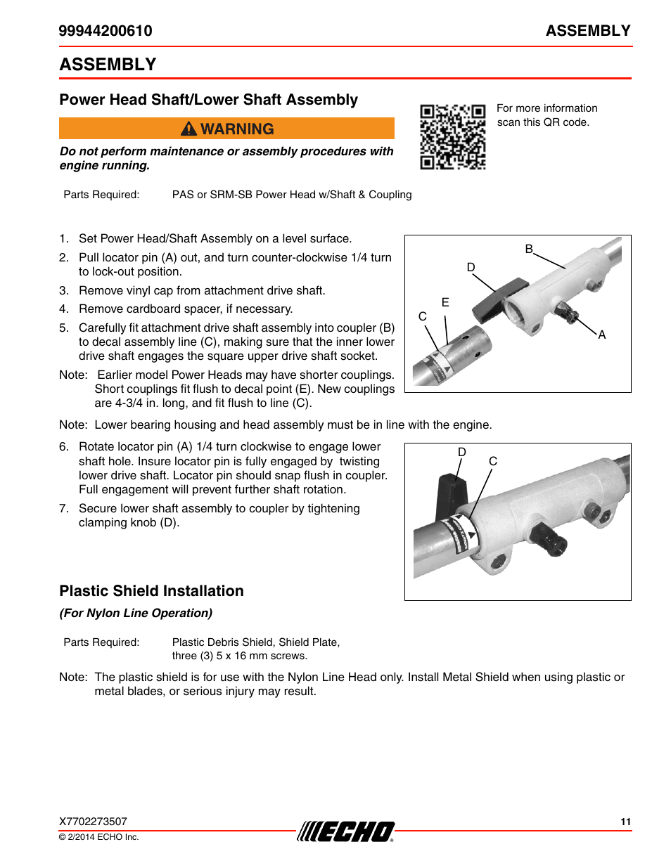 Assembly, Power head shaft/lower shaft assembly, Plastic shield installation | Echo 99944200610 User Manual | Page 11 / 24