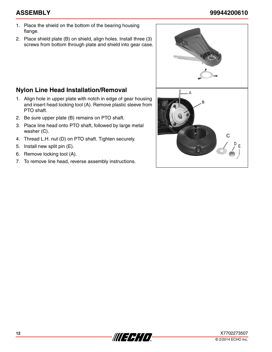 Nylon line head installation/removal | Echo 99944200610 User Manual | Page 12 / 24