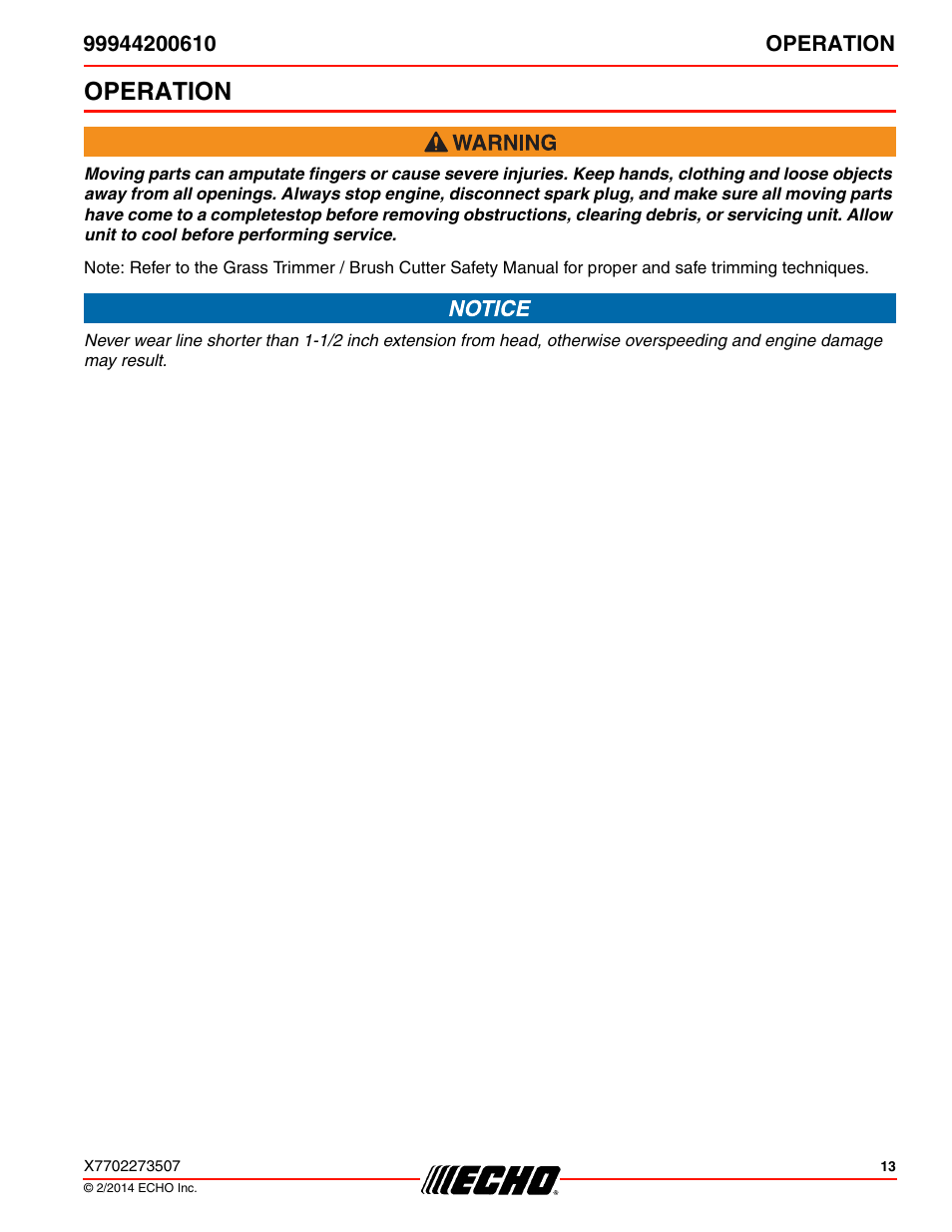 Operation | Echo 99944200610 User Manual | Page 13 / 24