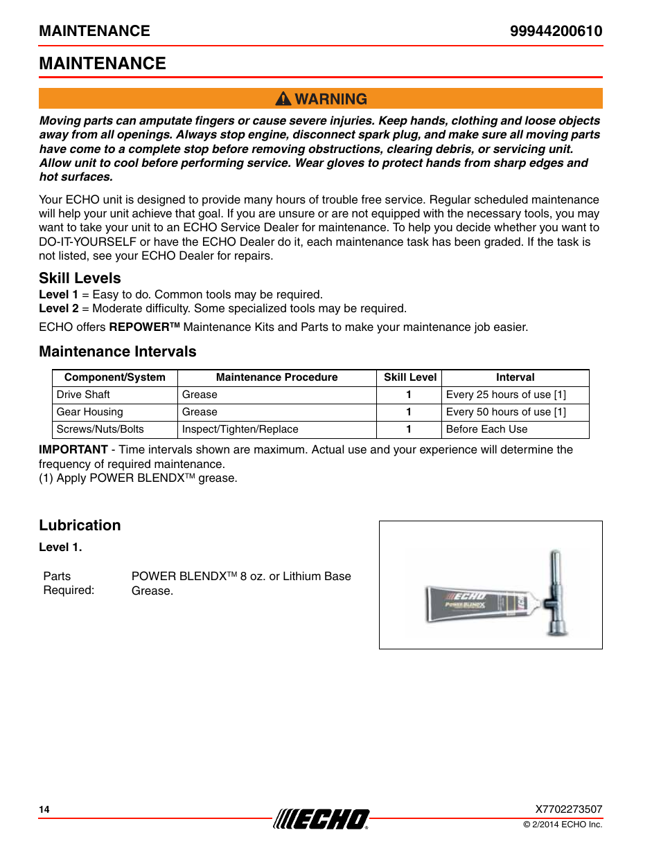 Maintenance, Skill levels, Maintenance intervals | Lubrication, Skill levels maintenance intervals lubrication | Echo 99944200610 User Manual | Page 14 / 24