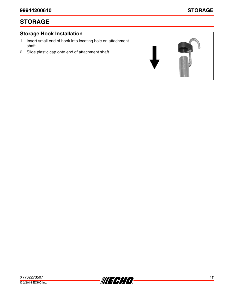 Storage, Storage hook installation | Echo 99944200610 User Manual | Page 17 / 24