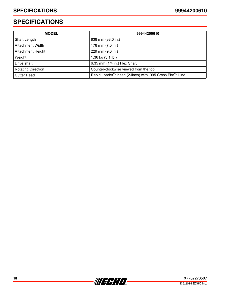 Specifications | Echo 99944200610 User Manual | Page 18 / 24