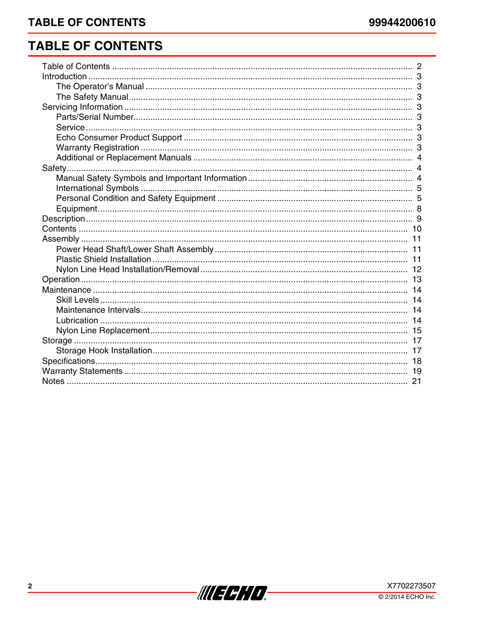 Echo 99944200610 User Manual | Page 2 / 24